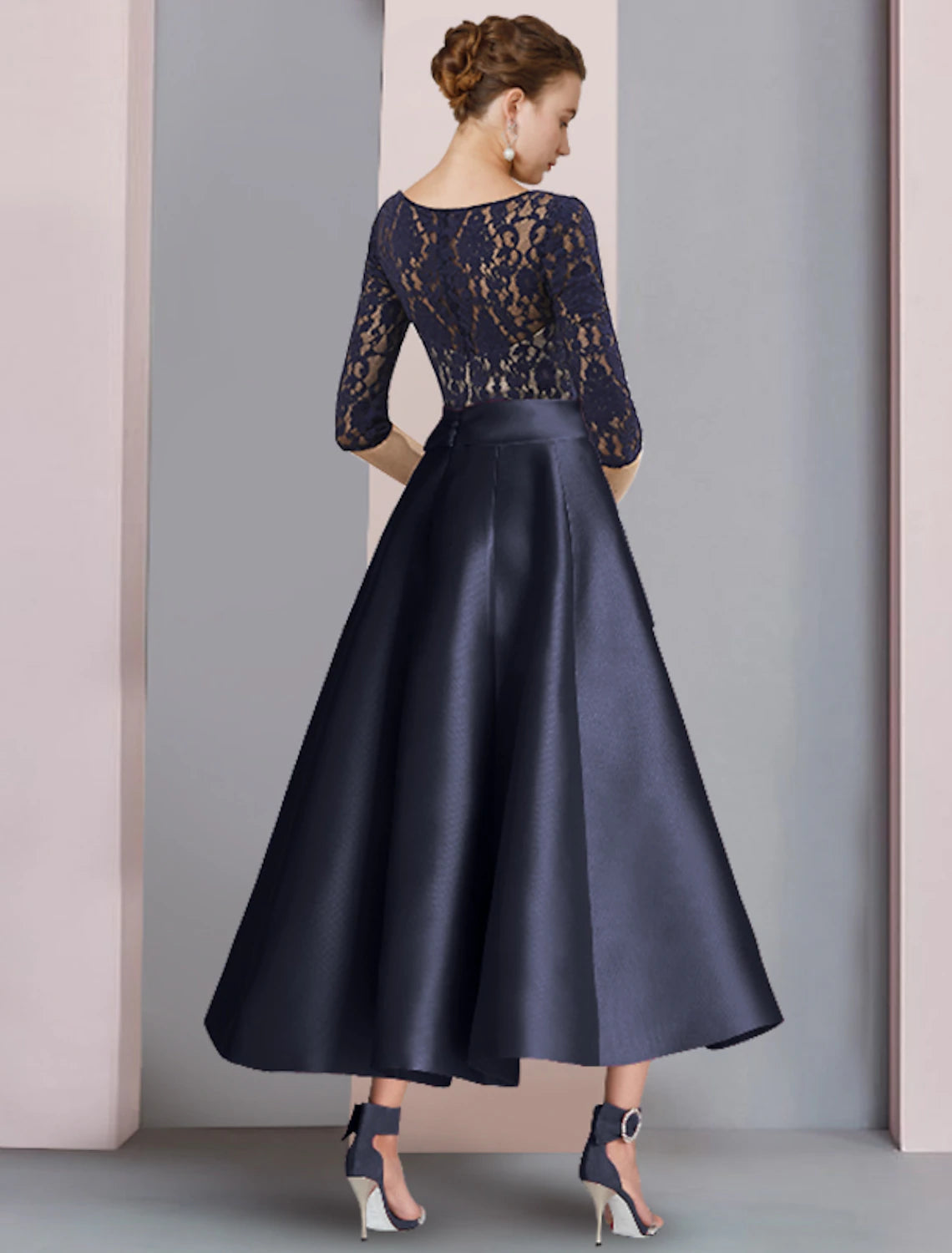 Wholesale  A-Line Mother of the Bride Dress Wedding Guest Vintage Elegant V Neck Ankle Length Satin Lace Half Sleeve with Bow(s) Pleats